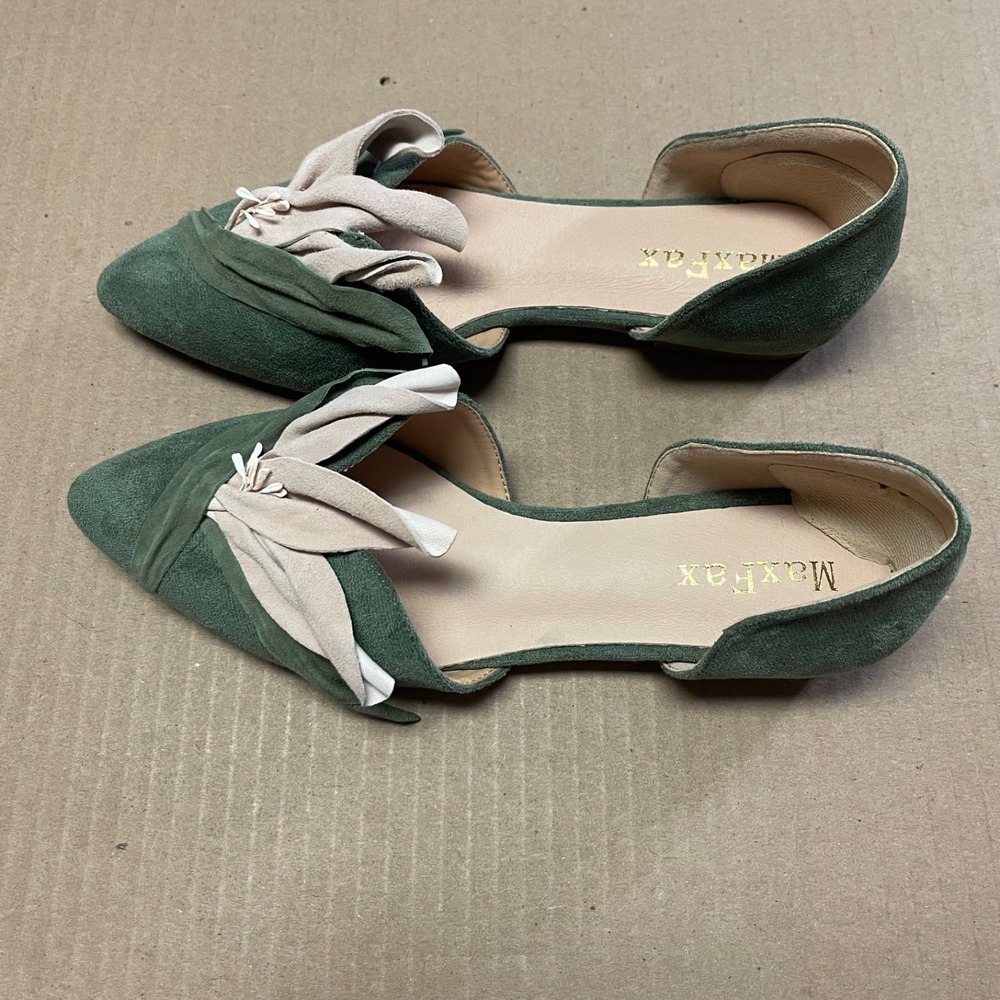 MaxFax Size 6 Green Eco-Suede D'Orsay Floral Petal Pointed Toe Flat Shoes NWOB - Picture 5 of 8